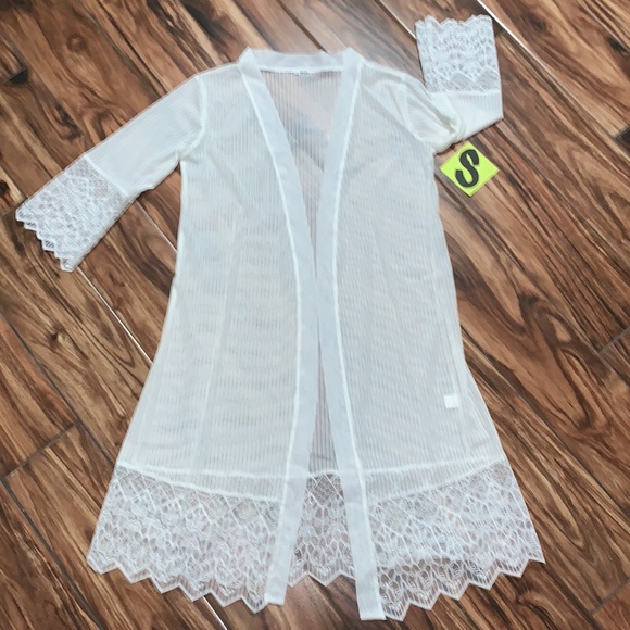 Sz S | sheer white lace long open front cardigan - new - Picture 3 of 4